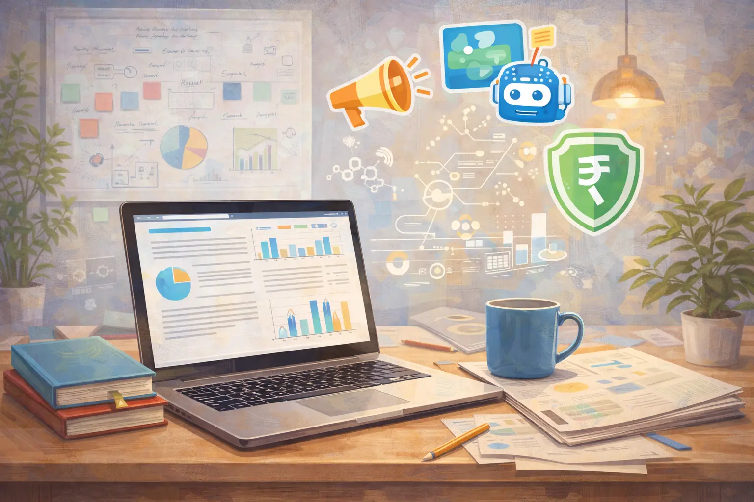 Laptop showing analytics with finance, marketing, AI, and fintech icons on a workspace