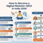 Structured roadmap explaining how to become a digital marketer (SEO) in India 2026 including skills, tools, and career growth path.